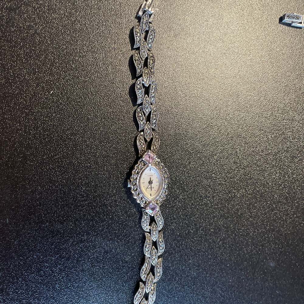 Vintage Elgin Quartz Marcasite and Amethyst Silver-Tone Art Deco Style Cocktail